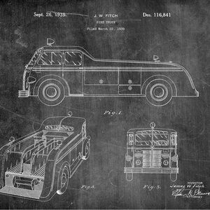 Set of Prints - Vintage Fire Truck & Fire Ax Blueprint Art